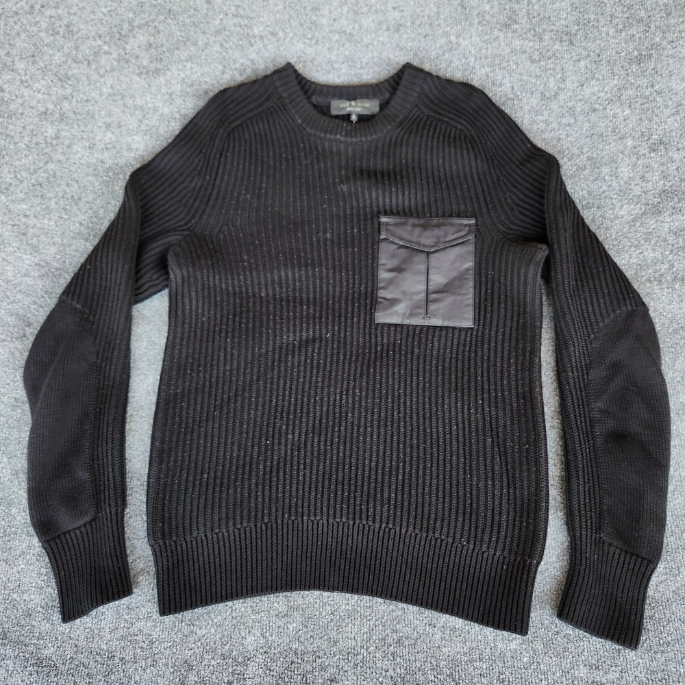 men's RAG & BONE Elijah Shell-Trimmed cotton/wool blend‎ Ribbed Sweater Black S